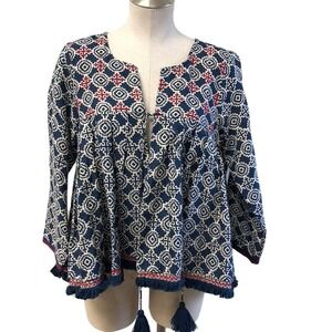 Alamwar Walk The Earth Linen Blouse Womens Medium Blue Geometric Boho Tassel Top